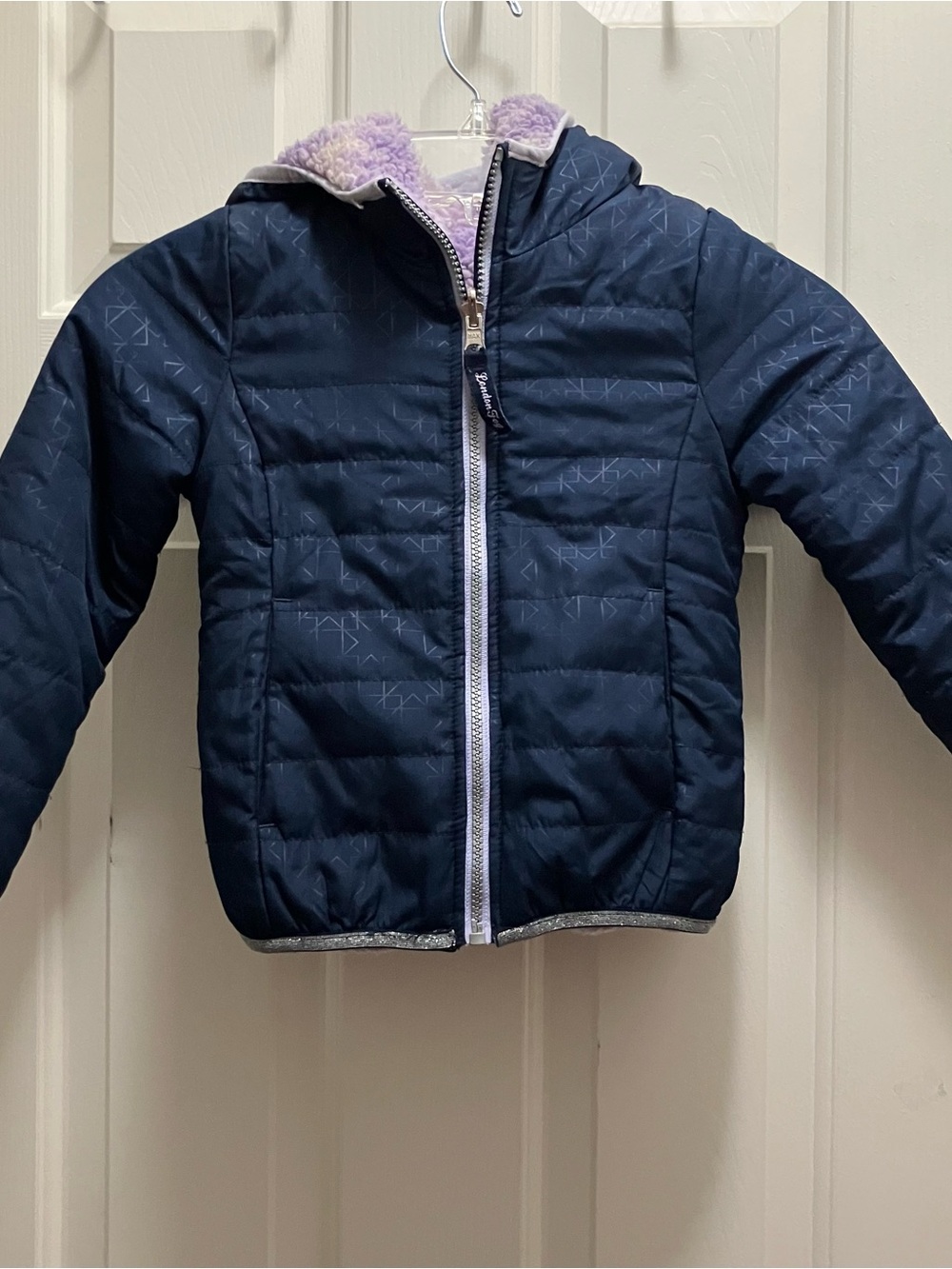 London Fog Girls Navy/purple Fleece Reversible Puffer Jacket Size Small 4